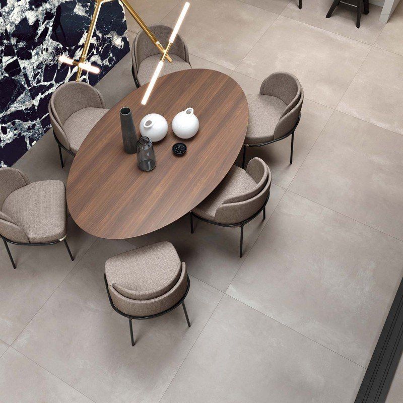 Soft concrete-look porcelain floor tile in ash grey used for contemporary interiors in Ireland.