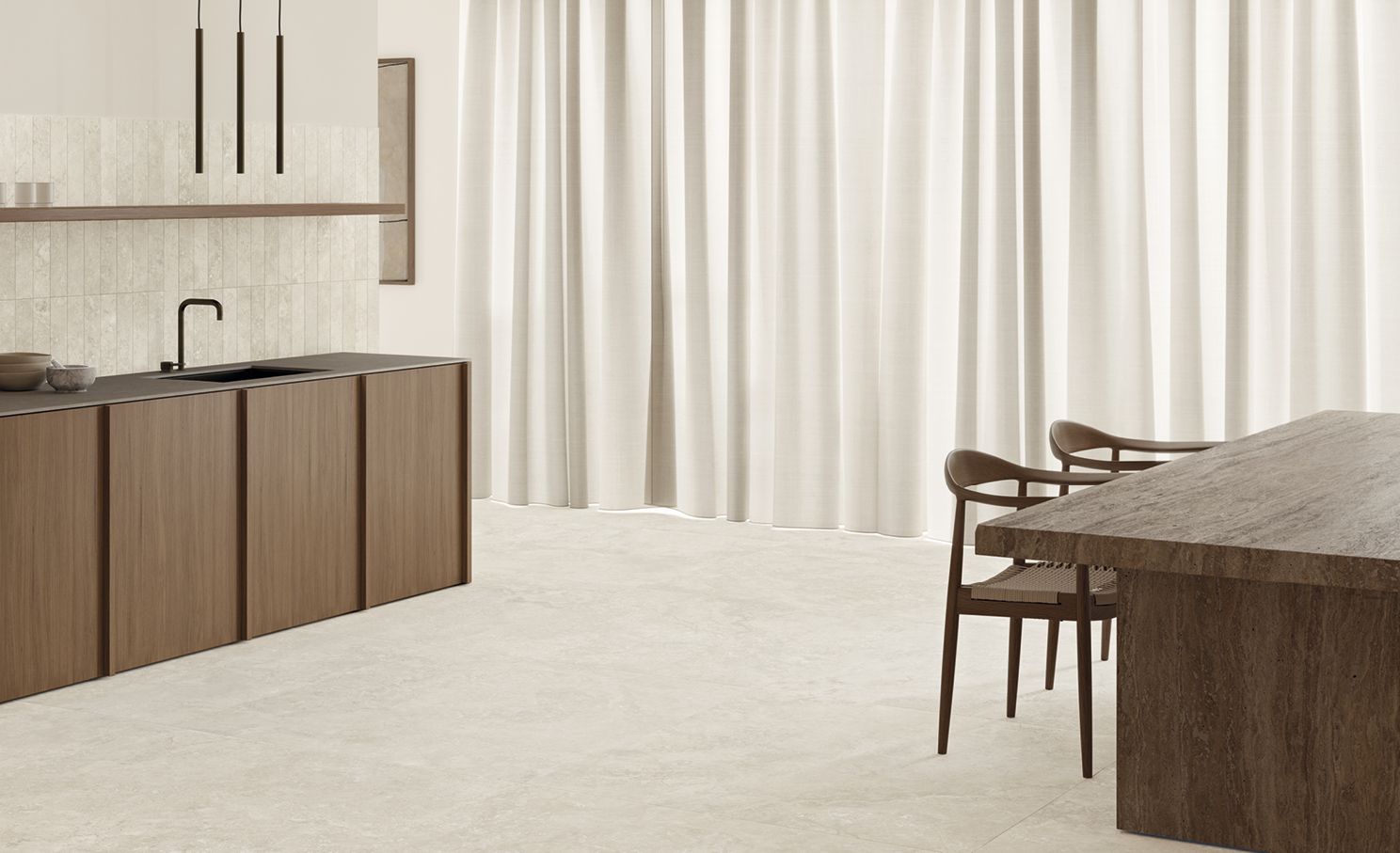 ight stone-effect porcelain flooring in a contemporary kitchen with timber cabinetry