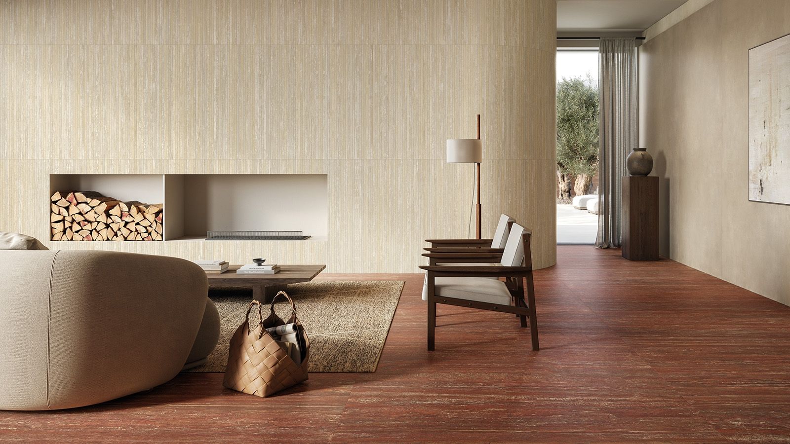 Rich red stone-look tiles adding warmth to a contemporary living space