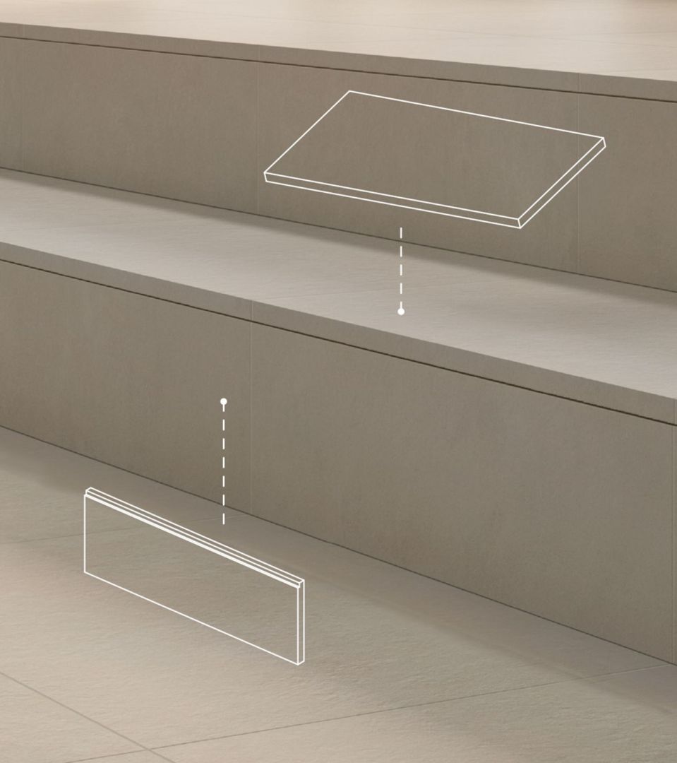 Technical step components shown in place, illustrating integrated outdoor tiled stair solutions in the Open collection.
